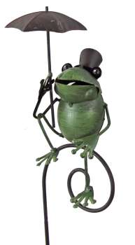 Preview: Der charmante Gentleman: Frosch-Gartenstecker mit Zylinder & Schirm